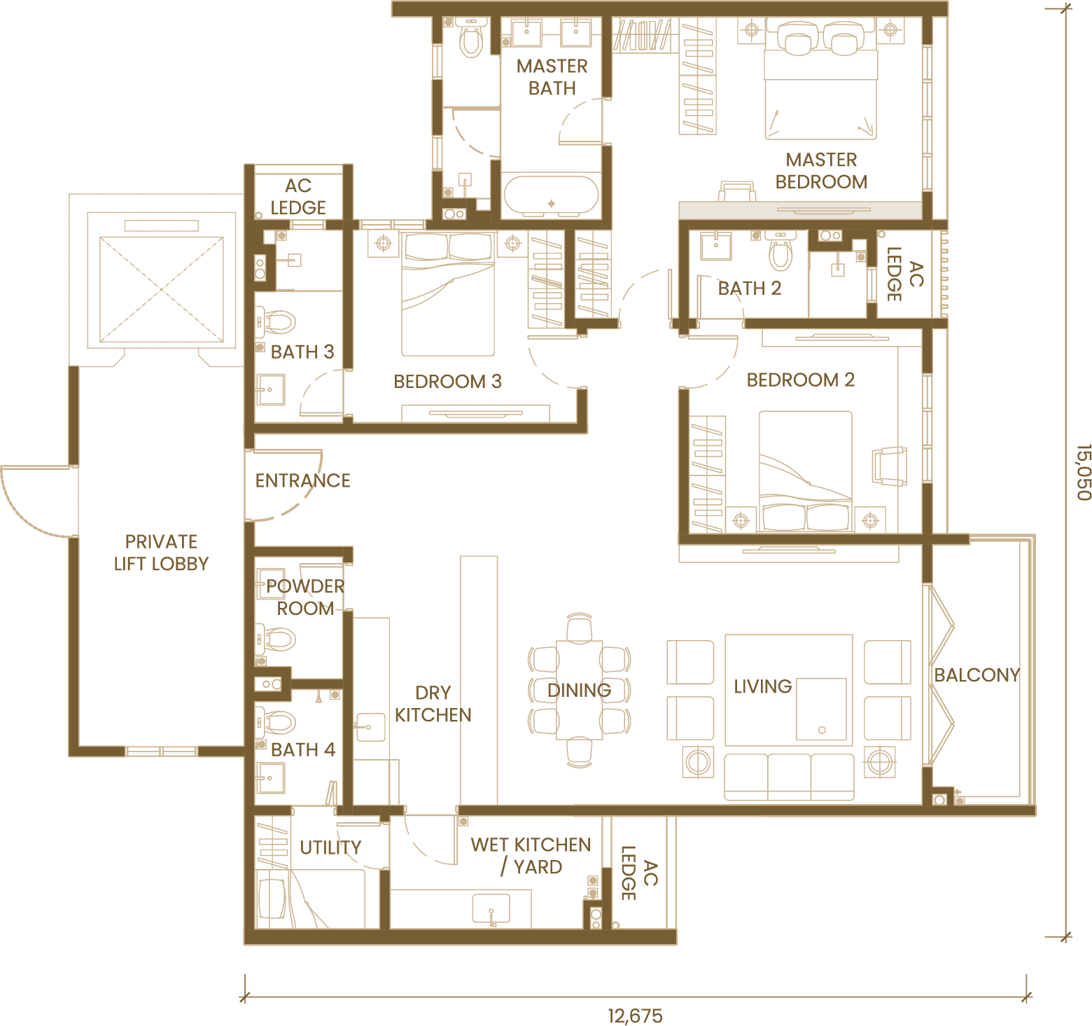 Type E1 · 3 Bedroom floor plan
